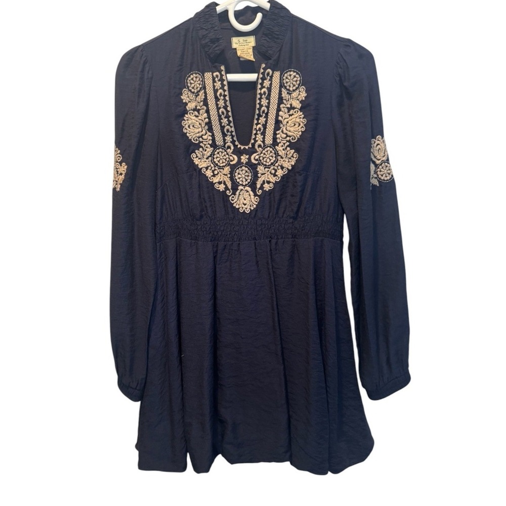 S Line Women Navy Blue Embroidered Bubble Hem Mini Dress Small Boho Festival